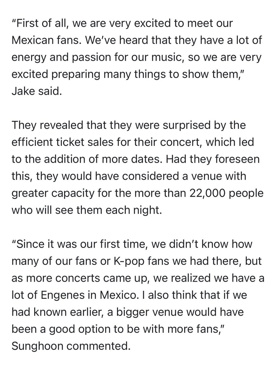enhaonly01's tweet photo. ENHYPEN wished they had booked a bigger venue in Mexico 🇲🇽 😭

🐕“First of all, we are very excited to meet our Mexican fans. We’ve heard that they have a lot of energy and passion for our music, so we are very excited preparing many things to show them.”

🐧“Since it was our first time, we didn’t know how many of our fans or K-pop fans we had there, but as more concerts came up, we realized we have a lot of Engenes in Mexico. I also think that if we had known earlier, a bigger venue would have been a good option to be with more fans.”