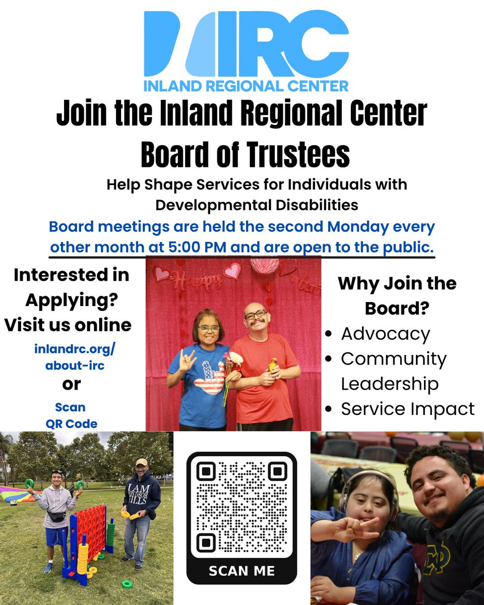 InlandRegional's tweet photo. 📢 Join the IRC Board of Trustees!
Help shape services, support individuals with developmental disabilities, and make a difference in your community.
📝 Apply: https://t.co/e7KYAiAaJP
🌐 Learn more: https://t.co/QWBy6Agcpv
💙 Your voice matters.
#TEAMIRC #InlandRegionalCenter https://t.co/WOx6fkIiWH