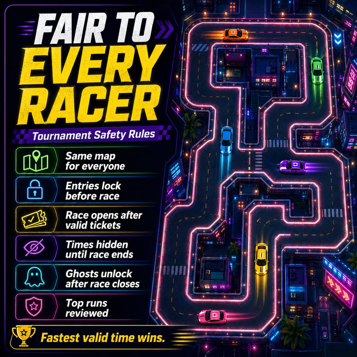 GridLockRun's tweet photo. Fair competition matters in GridLockRun 🏁

Same tournament map for everyone.
Entries lock before race.
Times stay hidden until the race ends.
Ghosts unlock after the window closes.
Top runs get reviewed.
Fastest valid time wins.
#Solana #Crypto #GamingPC #pcgamer https://t.co/5pni1eqhPn