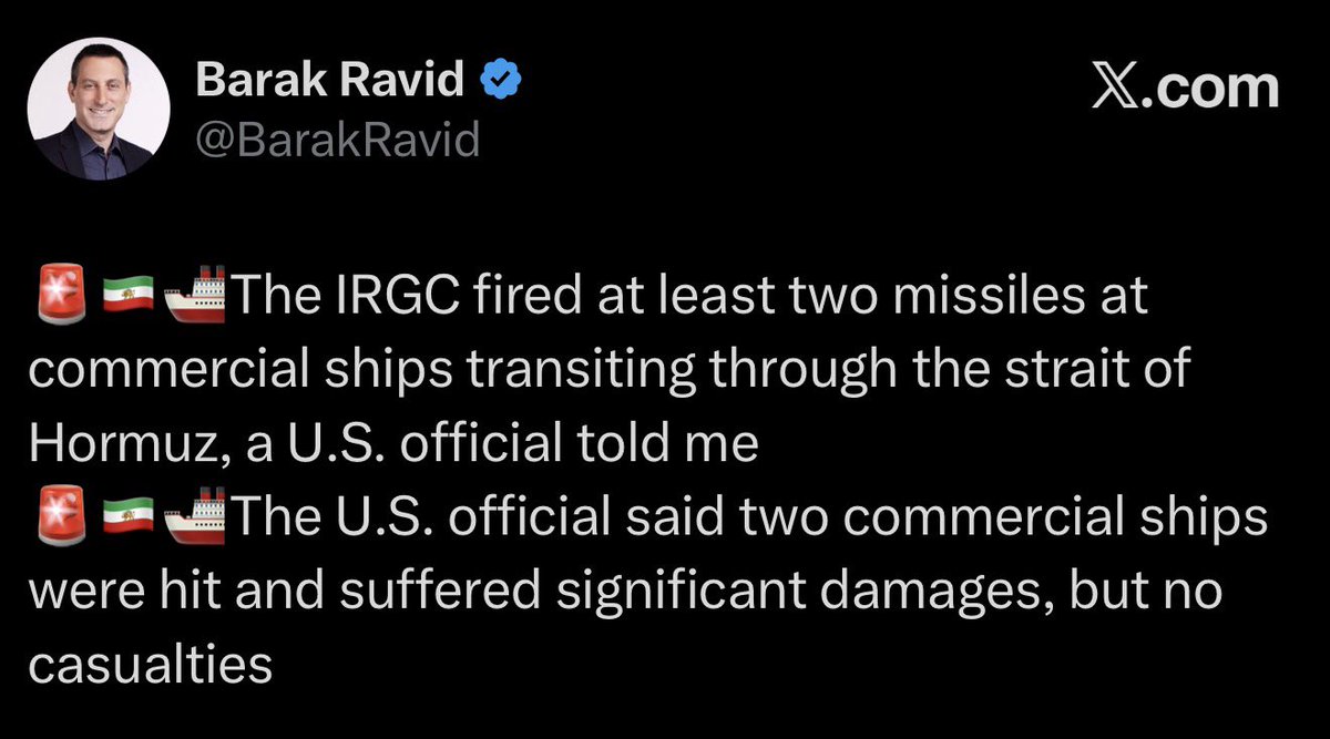 sentdefender's tweet photo. Iran’s Islamic Revolutionary Guard Corps (IRGC) fired at least two missiles earlier at a pair of commercial vessels transiting the Strait of Hormuz, with both ships being hit and suffered significant damages, but no casualties, according to Axios’ Barak Ravid. https://t.co/I9KMQtu3qk