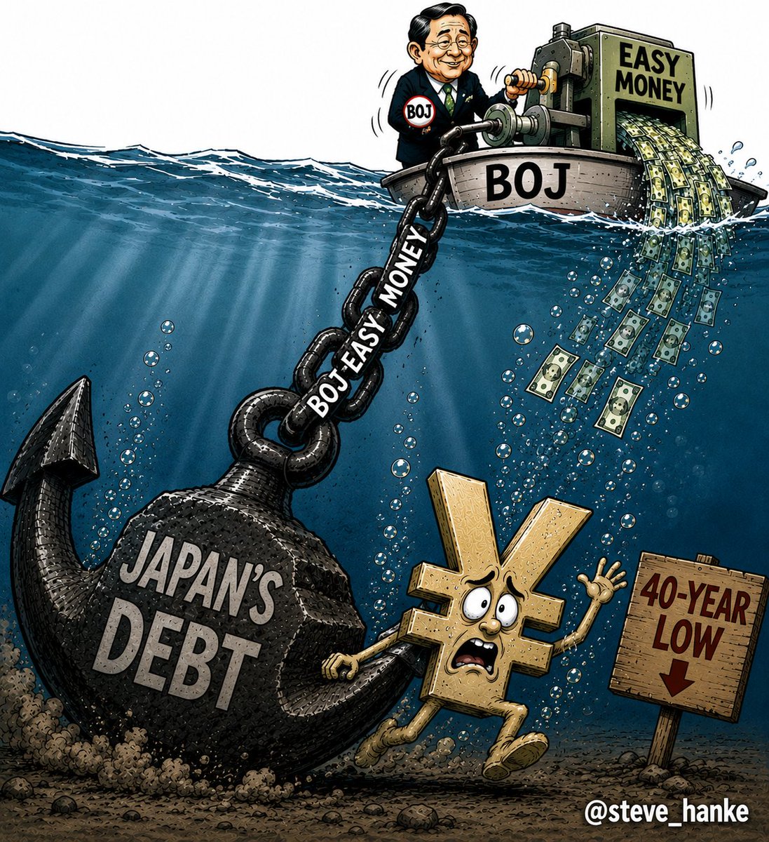 steve_hanke's tweet photo. #JapanWatch🇯🇵: After bouncing off its 40-YEAR LOW against the USD, the yen is SLIDING AGAIN.

Since the start of 2026, the yen has DEPRECIATED 3.50% against the USD.

THE BOJ'S INCOHERENT MONETARY POLICIES = A WEAKER YEN. https://t.co/3fBFXoq3m4