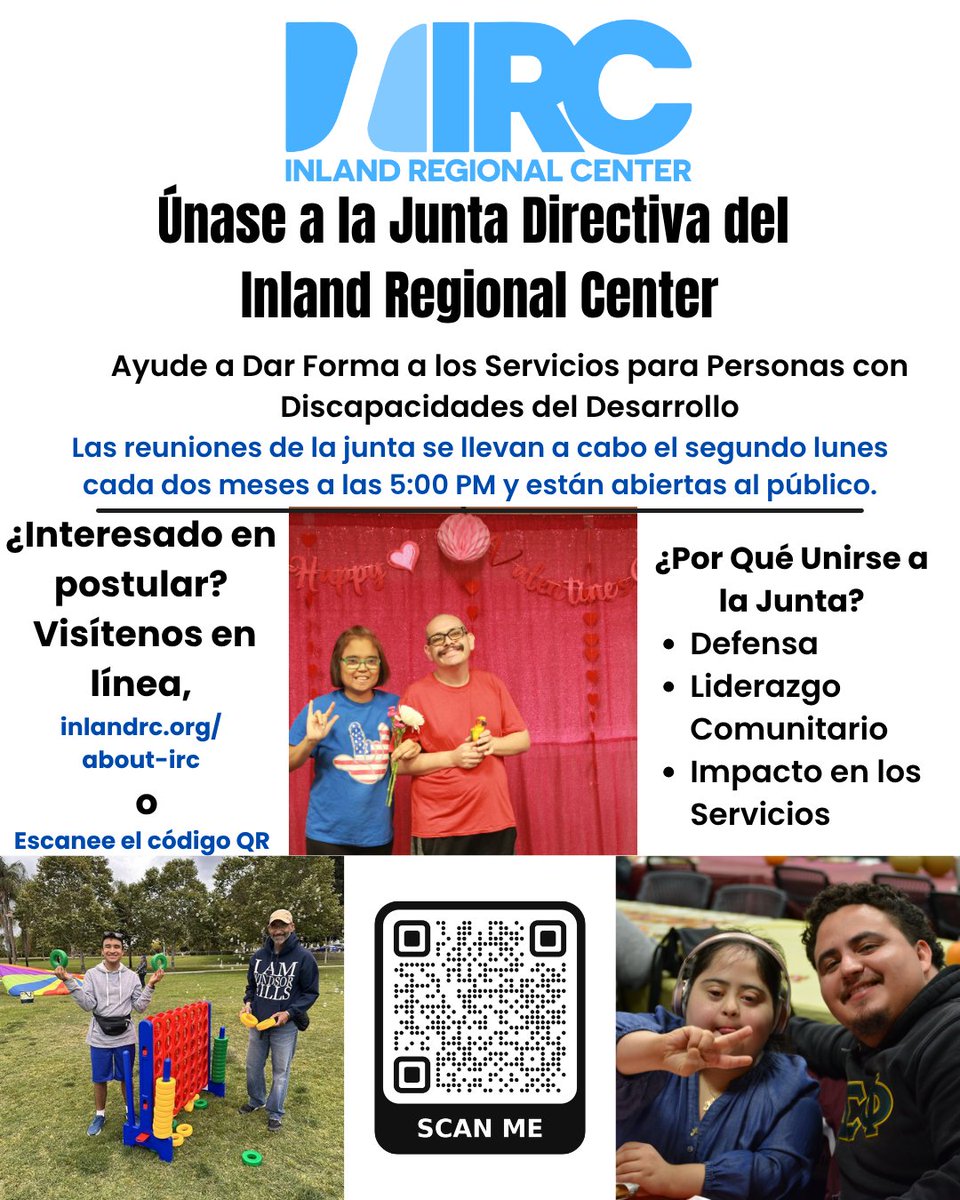 InlandRegional's tweet photo. 📢 ¡Únase a la Junta Directiva de IRC!
Impulse el cambio y apoye a las personas con discapacidades del desarrollo.
📝 https://t.co/e7KYAiAaJP
🌐 https://t.co/QWBy6Agcpv
💙 Su voz hace la diferencia.
#TEAMIRC #InlandRegionalCenter https://t.co/UH6kWD2nFO