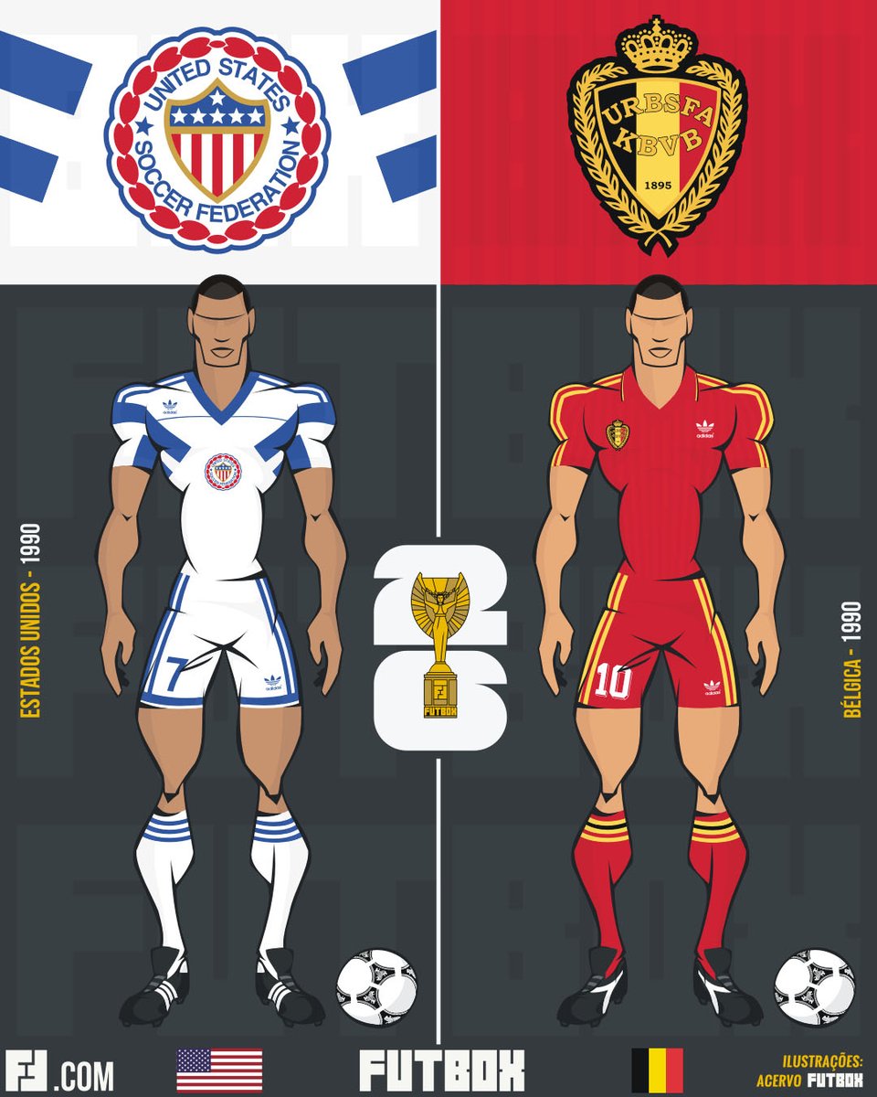 FUTBOX's tweet photo. Estados Unidos x Bélgica!

Ilustrações: uniformes, escudos e chuteiras das seleções na Copa de 1990 + troféu estilizado da Jules Rimet.

Conteúdo 100% autoral.  

#CopaDoMundo #WorldCup #Futbox https://t.co/N5dLA2g0Ay