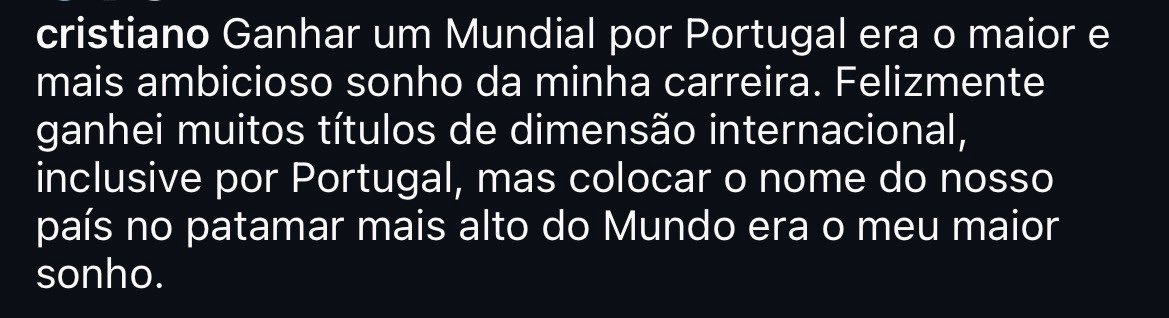 sardinhasacc's tweet photo. Em 2022 quando foi eliminado disse que ganhar o Mundial era o seu maior sonho.

Agora Ronaldo diz que Mundial é igual ganhar o Europeu.

Haja paciência. https://t.co/EcTOFDzj3G
