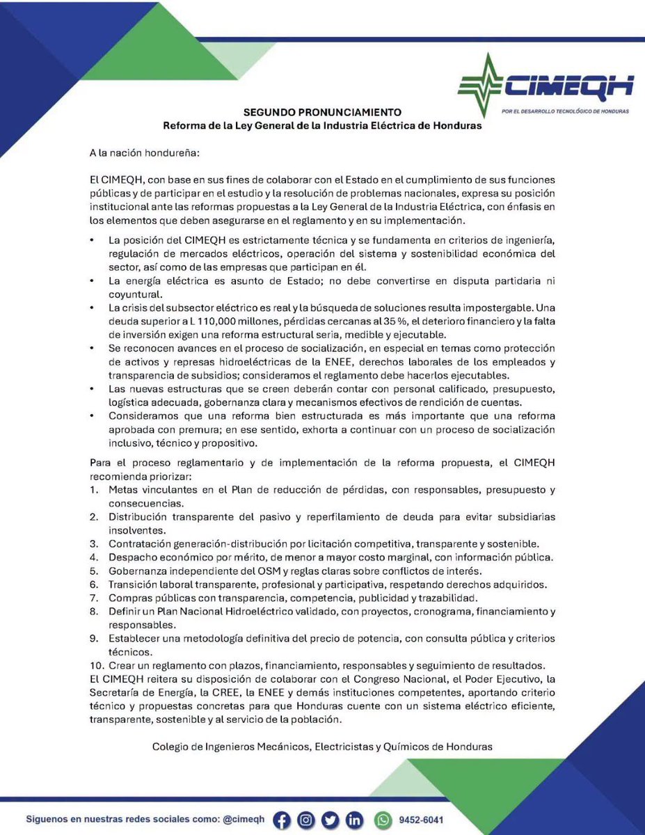 CIMEQH's tweet photo. El CIMEQH reafirma su compromiso con el desarrollo técnico e institucional de Honduras.

Ante la discusión de la reforma a la Ley General de la Industria Eléctrica, presentamos nuestro Segundo Pronunciamiento, fundamentado en criterios de ingeniería, regulación, sostenibilidad y https://t.co/IVrmZ330oN