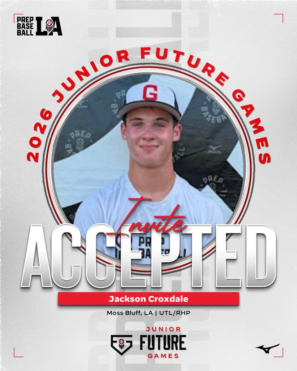 PrepBaseballLA's tweet photo. 🎟️ 𝐉𝐮𝐧𝐢𝐨𝐫 𝐅𝐮𝐭𝐮𝐫𝐞 𝐆𝐚𝐦𝐞𝐬 𝐈𝐧𝐯𝐢𝐭𝐞 𝐀𝐜𝐜𝐞𝐩𝐭𝐞𝐝

2030 Jackson Croxdale (Moss Bluff, LA) is headed to @LakePointSports to represent Louisiana at the 2026 Prep Baseball Junior Future Games.

#BeSeen #PBJFG26

👤 https://t.co/J7zKGLqLfz https://t.co/qM4piUWuu3