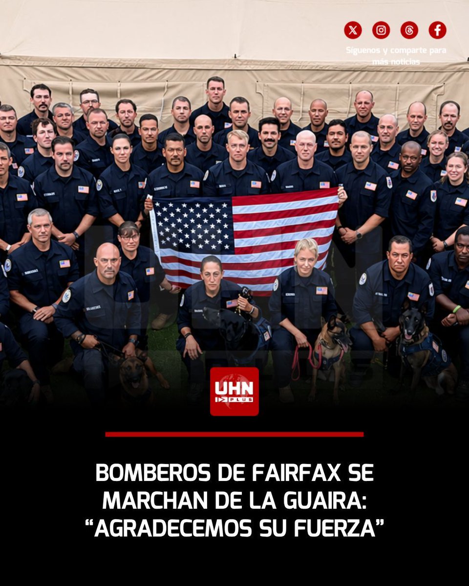 UHN_Plus's tweet photo. 🇺🇸🇻🇪‼️ | Tras intensas jornadas de rescate por el doblete sísmico, los héroes de los Bomberos de Fairfax se despidieron de las zonas afectadas. El contingente norteamericano elogió el carácter y la dignidad de la población frente a la devastación, deseándoles éxito en la recuperación.