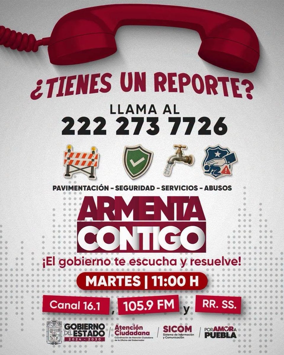 BuenGobiernoPue's tweet photo. ❤️ En el @Gob_Puebla, las soluciones comienzan escuchando a la gente.

Con Armenta Contigo, el gobernador @armentapuebla_ fortalece la cercanía con las y los poblanos para atender sus reportes y dar respuesta a sus necesidades.

📞 Comunícate al 222 273 7726 o escanea el código QR. Sigue el programa este martes a las 11:00 h por Canal 16.1, 105.9 FM y las redes sociales de SICOM.

#PorAmorAPuebla #PensarEnGrande