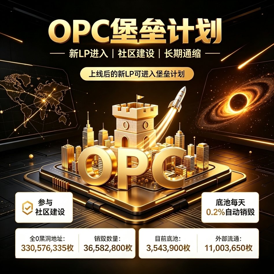 ushc0c's tweet photo. $OPC堡垒计划核心逻辑一览：
✅ 上线新增LP均可参与社区共建
✅ 底池每日固定0.2%自动销毁，永久通缩
✅ 黑洞销毁3.6亿+枚，流通筹码持续减少
短期价格震荡不改变底层通缩基本面，堡垒计划为生态长期托底，耐心布局静待反转行情。
0xe72afb012777a8d2d06ff3a4b41ec100d17637d4 https://t.co/BYuOk12Y0V