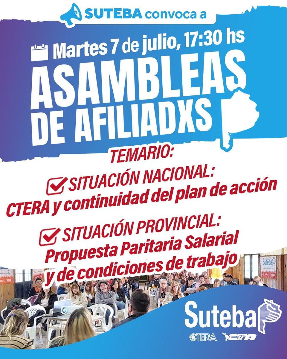 SUTEBAProvincia's tweet photo. 📣 IMPORTANTE 
👥 Asamblea de #AfiliadxsSUTEBA
#DemocraciaSindical
#SomosSUTEBA https://t.co/GzgxMwRpUw