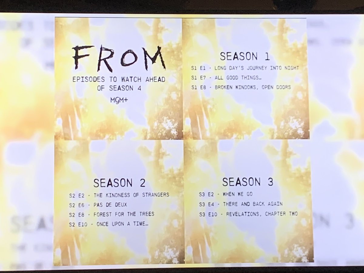 SharonBartter's tweet photo. @Irishreds2 @DruidoMalino @kokocodan @wasuptalababy These were the S4 โprepโ episodes the FROM creators said to watch. If you donโt have time for a full series re-watch, start with these and then revisit S4. #FROMily https://t.co/zuiNfC3s2j