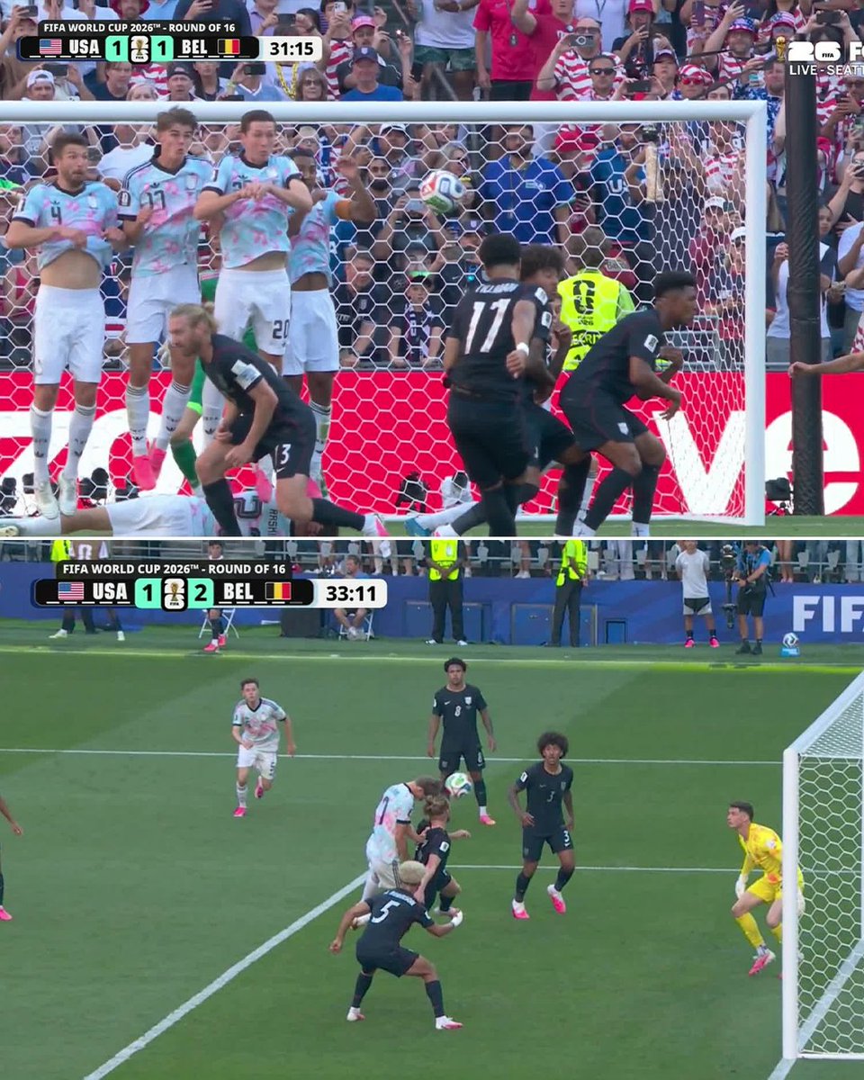 espn's tweet photo. BELGIUM IMMEDIATELY RESPONDS TO MALIK TILLMAN'S FREE KICK AND RESTORES THEIR LEAD TWO MINUTES LATER 🤯 https://t.co/446Zk8rvYK