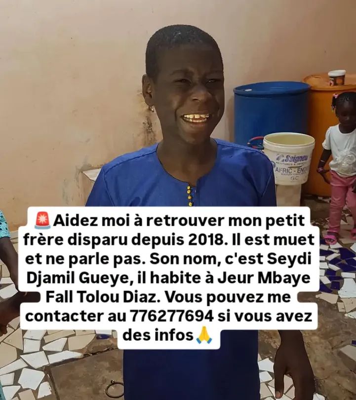 Avis_Senegal's tweet photo. 🚨Aidez moi à retrouver mon petit frère disparu depuis 2018. Il est muet et ne parle pas. Son nom, c'est Seydi Djamil Gueye, il habite à Jeur Mbaye Fall Tolou Diaz. Vous pouvez me contacter au 776277694 si vous avez des infos🙏 https://t.co/uxpvPRZtm2