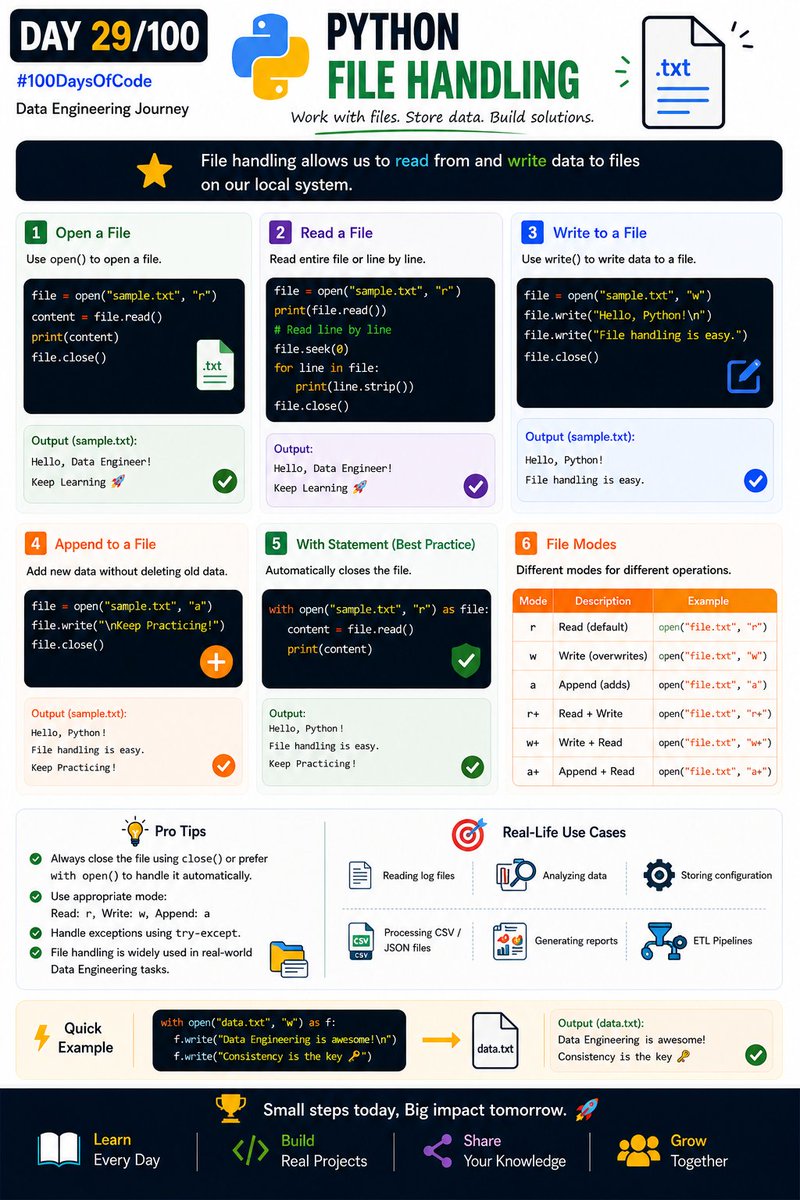 rahulko33156870's tweet photo. 🚀 Day 29/100 – Python File Handling

Files are everywhere in Data Engineering.

Whether it's reading CSV files, processing logs, or generating reports, file handling is a fundamental skill.

Today's learning:

📂 Opening files with "open()"
📖 Reading files ("read()", "readline()", "readlines()")
✍️ Writing and appending data
🔒 Using the "with" statement (best practice)
⚙️ Understanding file modes ("r", "w", "a", "r+")
💡 Real-world file handling use cases

Pro Tip:
Always use the "with" statement—it automatically closes the file and makes your code cleaner and safer.

Every data pipeline starts with reading data correctly.

Learn. Build. Share. Repeat. 🚀

#Python #100DaysOfCode #DataEngineering #PythonDeveloper #FileHandling #Coding #Programming #LearnInPublic #Tech