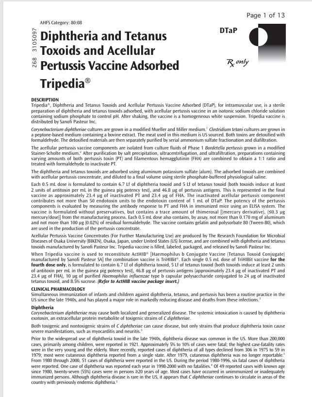 toobaffled's tweet photo. Has everyone actually read the package insert for this DTaP vaccine?

Tripedia® (Diphtheria and Tetanus Toxoids and Acellular Pertussis Vaccine Adsorbed) by Sanofi Pasteur lists autism among the adverse events reported.

It also contains a trace amount of thimerosal (mercury derivative).

Back in 2005, Congressman Dan Burton spoke on the House floor about his own grandson’s regression into autism after vaccines containing thimerosal. 

He called for mercury to be removed from childhood shots, citing studies linking it to rising neurological issues.

Autism rates? From 1 in 10,000 decades ago to 1 in 44 by 2018.

Read it yourself .. Page 11 of the insert + Congressional Record here:

https://t.co/HIN842yrw9

Parents deserve full informed consent. These aren’t fringe theories .. they’re in the official paperwork.