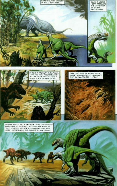 thelostaeons's tweet photo. In the early 90s Marvel Comics released a 4-issue series called 'Dinosaurs - A Celebration'. Each one had stories about certain dinosaurs (duckbills and bone-heads, horns and heavy armor, terrible claws and tyrants, egg stealers and earth shakers'.
Here are selected panels. https://t.co/Vx1hJOjzj7