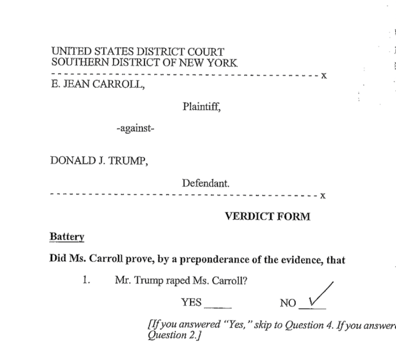 greg_price11's tweet photo. Not only is this statement a complete lie, but E. Jean Carroll was such an uncredible witness that even though President Trump was forced into a kangaroo court in her civil trial, the jury explicitly found him not liable for rape. https://t.co/IyLdXSroWy
