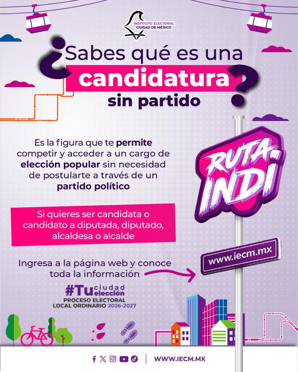 iecm's tweet photo. ¿Sabes qué es una candidatura sin partido? Es una forma de participar en las elecciones sin pertenecer a un partido político. En Ruta INDI, del IECM, puedes conocer cómo funciona y los pasos para registrarte bajo esta figura. https://t.co/MwwQy6rG93