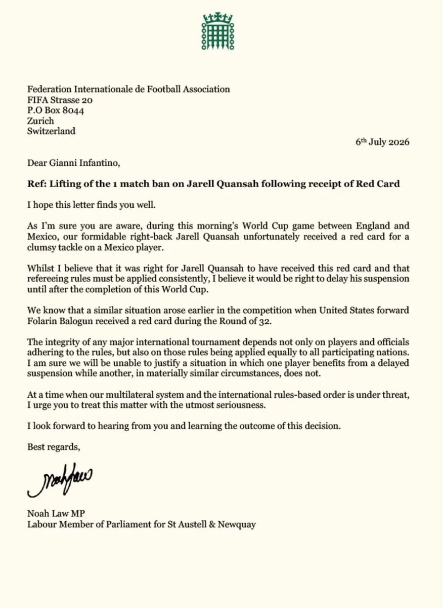 joserra_espn's tweet photo. INGLATERRA QUIERE EL MISMO TRATO QUE ESTADOS UNIDOS.

Un parlamentario británico pidió a la FIFA aplazar la suspensión de Jarrell Quansah, asegurando que, si Folarin Balogun fue beneficiado, las reglas deben aplicarse de la misma forma. https://t.co/dw4hZ17NJR