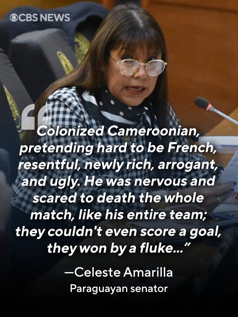 CBSNews's tweet photo. Paraguayan senator Celeste Amarilla shared multiple posts on X insulting French soccer player Kylian Mbappé, saying he is "pretending hard to be French," after his team defeated Paraguay in a World Cup match on Saturday. "This brute never even learned how to write," Amarilla also wrote.

The French team captain, who was born in Paris, fired back on Monday, describing Amarilla's remarks as "brazen racism," adding that she does not represent Paraguay.

"Through your recklessness and your brazen racism, the entire world has already forgotten the journey and the historic effort that your players accomplished during this World Cup, making way for an incompetent woman who gives the worst possible image of her country," Mbappé wrote.