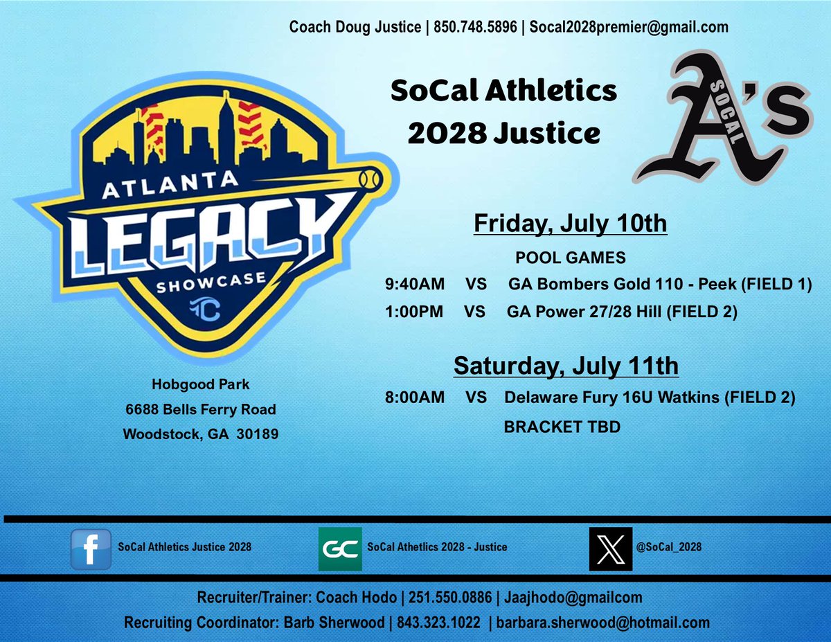 Macy2Borgen's tweet photo. Atlanta Legacy schedule for this weekend! Come see us!
@SoCal_2028 @BSherSB @legacyshowcase1 @CoachHodo https://t.co/1RZgf6hb8b