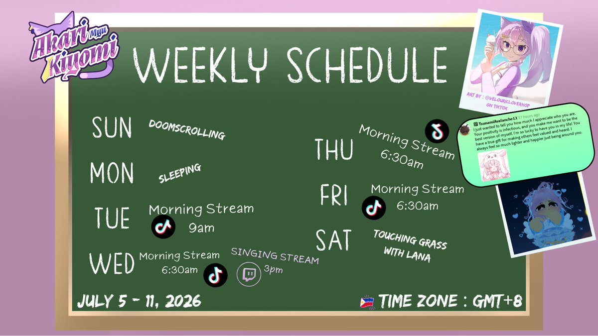 akarimyu's tweet photo. Join me on my Singing Session this Week!!
Streaming on TIktok and Twitch~ ;D
Here is myu schedule for July 5 – 11, 2026! feel free to lurk!🐱✨

#AkarimyuKiyomi #AkarimyuWeekly #VTuber #PHVtuber #ENVtuber #TikTok #Twitch https://t.co/db551FulZW
