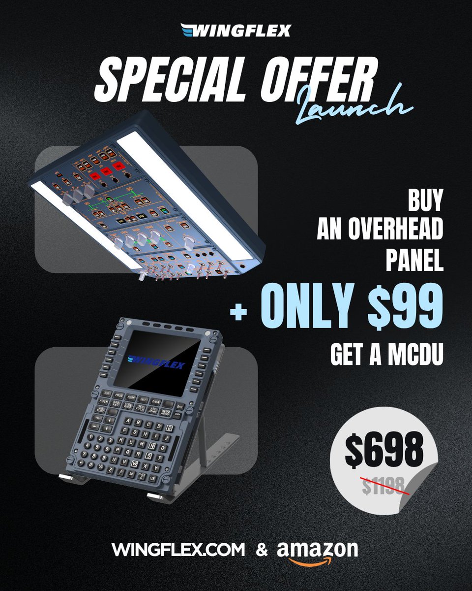 Wingflex_info's tweet photo. Complete Your Airbus Cockpit.

Limited-Time Bundle 丨 Buy a WINGFLEX A320 Overhead Panel and add a Full-Size A320 MCDU for just 9️⃣9️⃣ USD.

✔ In Stock &amp; Ready to Ship
✈️ Free Worldwide Air Shipping (7–14 Days)
🛡️ 12-Month Warranty &amp; Fast Customer Support

#wingflex #flightsim https://t.co/bbAD61f99R