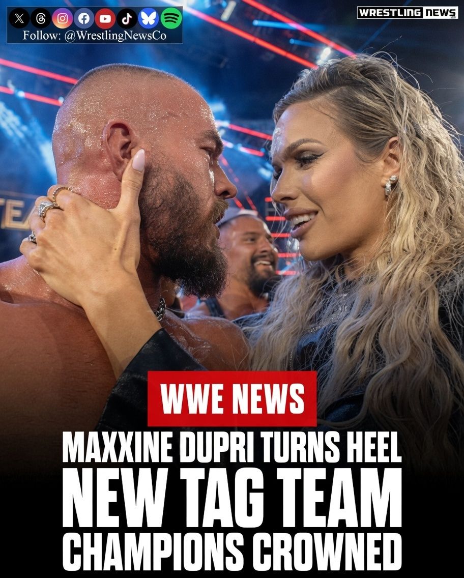 WrestlingNewsCo's tweet photo. Maxxine Dupri are officially a couple and she's officially a heel. Thanks to her, The Vision are WWE World Tag Team Champions again. https://t.co/QKLY3o9o0M
