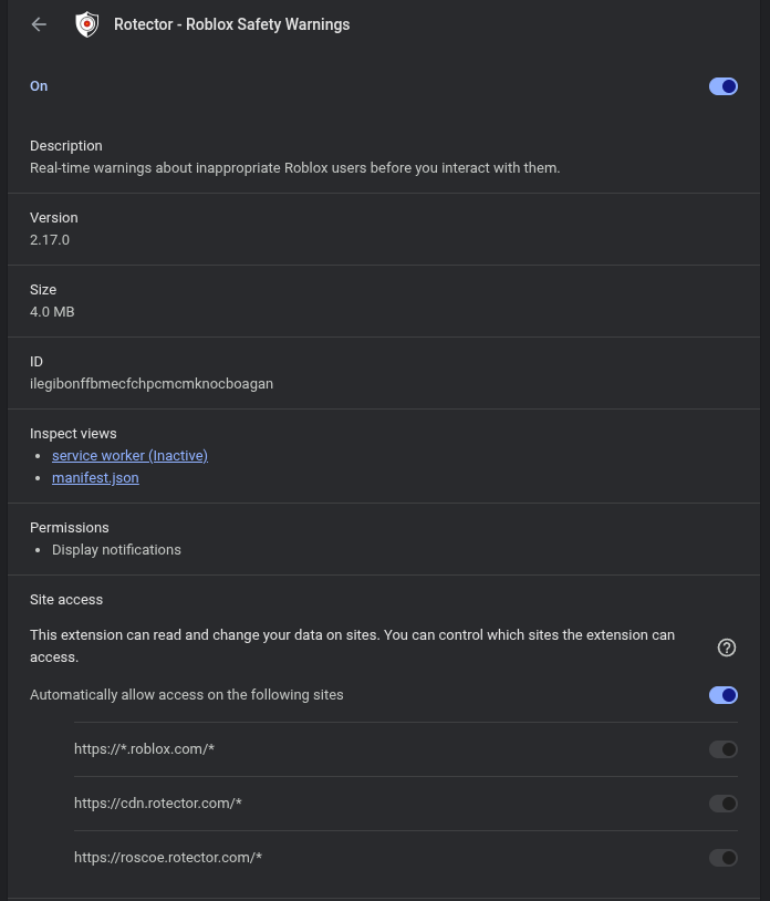 badisekai's tweet photo. 1) Chromium extensions dont even have the ability to request said permissions.

2) The two permissions rotector requests in their manifest.json are permissions to store data (LOCALLY) and to send notifications to the end user https://t.co/bDrT3RONUE