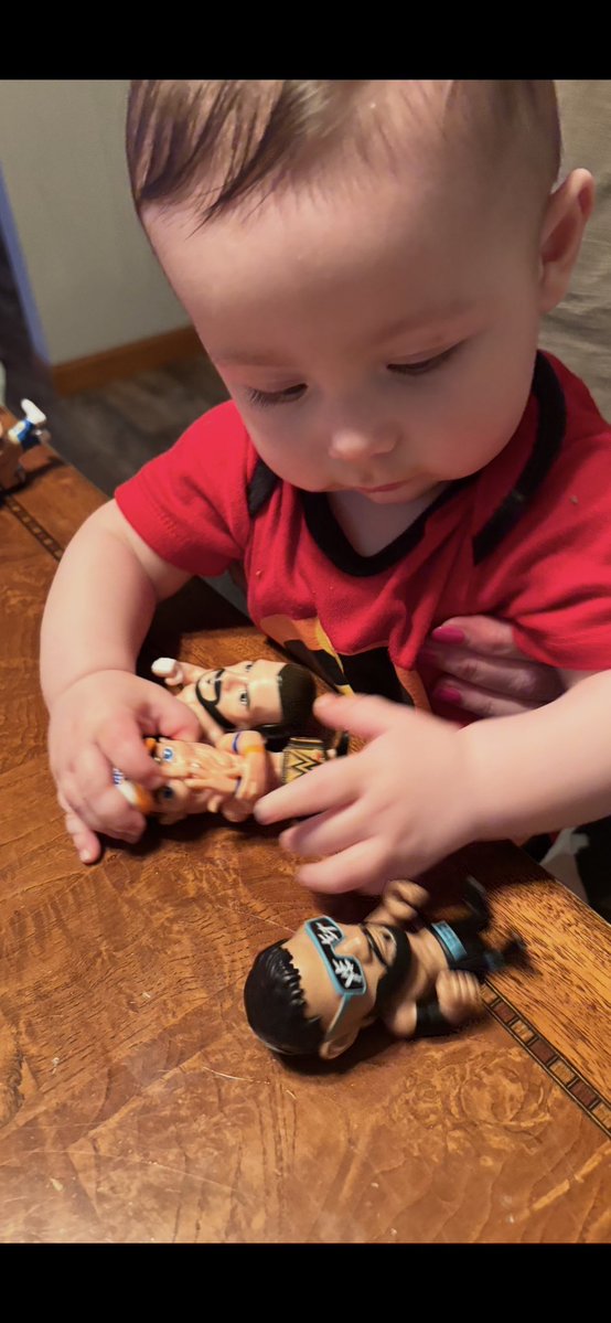 rustybusch's tweet photo. @davidlagreca1 @_denisesalcedo @THETOMMYDREAMER @BustedOpenRadio 
Atta boy, he is getting there. My Grandson old enough to play with pop pop’s wrestling figures. I think he is a fan of 3 way matches Punk, Cena &amp; Jay Uso  and Paul, Cody &amp; Rey 
Done did me proud. #wwe https://t.co/kk4NwAhQ5e