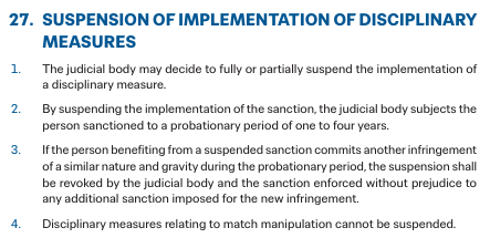 DaviNatan_'s tweet photo. quais são os critérios pra aplicação desse artigo 27 do Código Disciplinar da Fifa?

O texto só diz que eles "podem suspender a medida disciplinar". Qual o critério? Em tese, qualquer seleção poderia pedir a suspensão de eventuais expulsões. https://t.co/SJI9dQL8nk