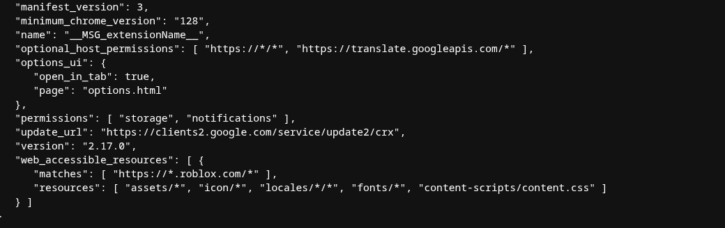 badisekai's tweet photo. 1) Chromium extensions dont even have the ability to request said permissions.

2) The two permissions rotector requests in their manifest.json are permissions to store data (LOCALLY) and to send notifications to the end user https://t.co/bDrT3RONUE