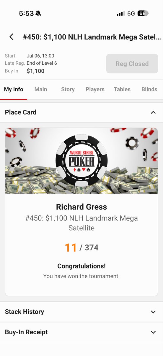 RichardGress4's tweet photo. Bammmmmmm! Why not smack a satellite for 10k on my day off of the main event!! Need this mojo for tomorrow! Quick 10k is always nice 😎 https://t.co/yGeG96V7dA