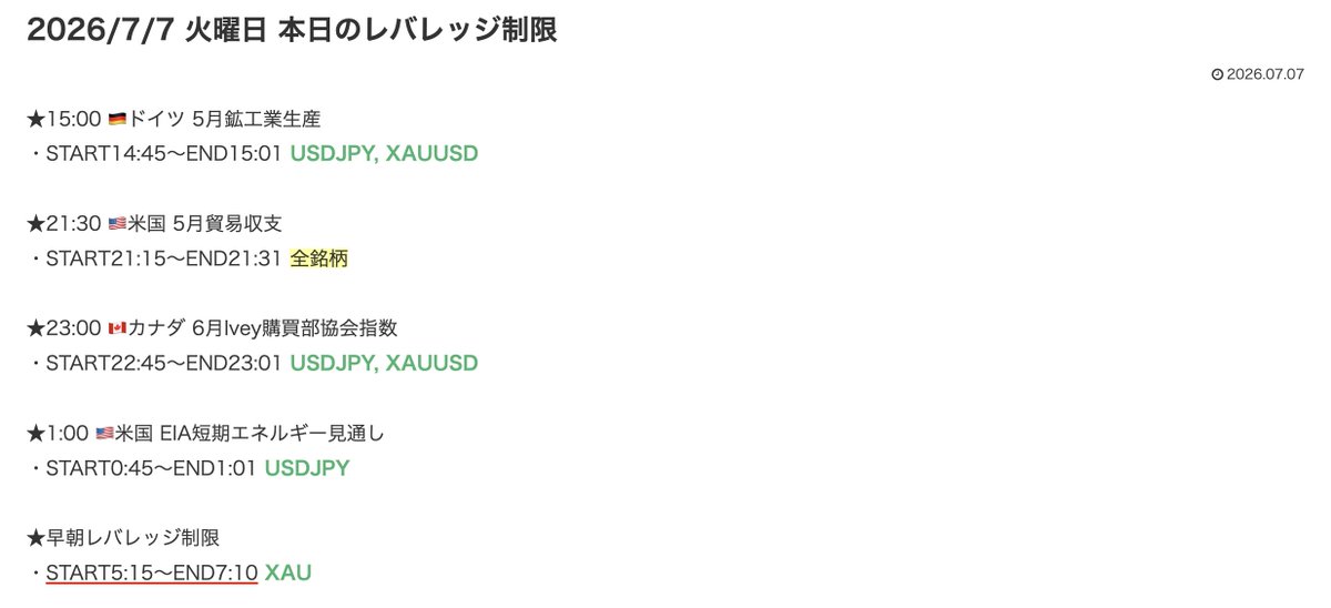 FX_NewsAlert's tweet photo. おはようございます☀️
本日のレバレッジ制限と経済指標です                     

今日は七夕ですね〜
爆益できますように🙏 https://t.co/5v8Qbp1Asw