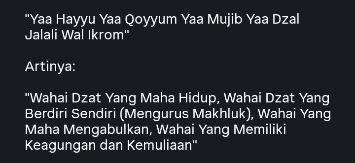 KanNa_e's tweet photo. "Doa Tahajjud Yang Dikenal Mustajab dan Sulit Ditolak"

Doa ini juga diyakini mengandung ismu a'zam atau nama Allah yang paling agung. Doa yang di awali dengan Ismu a'zam pasti akan di kabulkan.

"Bacalah sebanyak 33x setelah shalat tahajjud, insya Allah hajatmu tentang rezeki, jodoh, rumah tangga, karir, dan apapun itu pasti akan di ijabah Allah."

Yaa Hayyu Yaa Qoyyum Yaa Mujib Yaa Dzal Jalali Wal Ikrom

Artinya: Wahai yang maha hidup, wahai yang maha berdiri sendiri (mengurus makhluk-Nya), wahai yang maha mengabulkan, wahai pemilik keagungan dan kemuliaan.