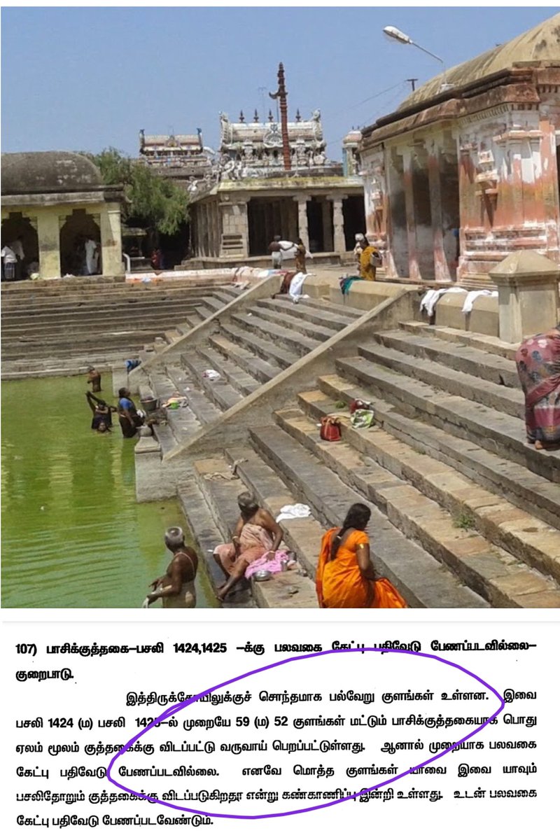 AalayamKaappom's tweet photo. வேதாரண்யம் வேதாரண்யேஸ்வரர் கோயில் முறைகேடுகள் - பதிவு 3:

வேதாரண்யம் நகரில் கட்டப்பட்டிருந்த மூன்று வேதங்களுக்குரிய கோயில்களையே காணோம் என்று முந்தைய பதிவில் பார்த்தோம்.  இக்கோயில்களின் பல குளங்களையே காணோம் என்பது புதுச்செய்தி!
(ஆதாரம்: உள்துறை தணிக்கை அறிக்கை)

1. வேதாரண்யேஸ்வரர் கோயிலின் வேதாரண்யம் நகரில் பட்டா கொண்ட 0.28 ஏக்கர் அரிச்சந்திர குளம் எனப்படும் அக்னிதீர்த்தம் குளத்தை தூர்த்து கட்டிடம் கட்டி ஆக்கிரமித்தது பேரூராட்சி.  1998இல்  போதிய ஆதாரங்கள் சமர்ப்பிக்காமல் தான் தொடுத்த வழக்கில் (எண்33/87)  தோற்ற கோயில் நிர்வாகம். பேரூராட்சிக்கு கோயில் நிர்வாகம்  விட்டுக்கொடுத்த நிலையில் அரசே கோயில் குளத்தை சட்டவிரோதமாக  ஆக்கிரமிக்கும் அவலம் நிலவுகிறது.

2. கோயிலுக்கு சொந்தமான 116 திருக்குளங்களில் 2015 ஆம் தணிக்கையின் போது மிஞ்சி இருப்பதாக சொல்லப்படுவது 52 குளங்கள் மட்டுமே. பாசிக்குத்தகை கேட்பு பதிவேடு சரிவர பராமரிக்கப்படாத நிலையில் இந்த குளங்களும் உண்மையில் திருக்கோயில் வசம் உள்ளதா என்பது கேள்விக்குறியாகிறது.
மாண்புமிகு அமைச்சர் திரு ரமேஷ் @RameshOffcl அவர்களின் பணிவான கவனத்திற்கு இதைக் கொண்டு வருகிறோம்.