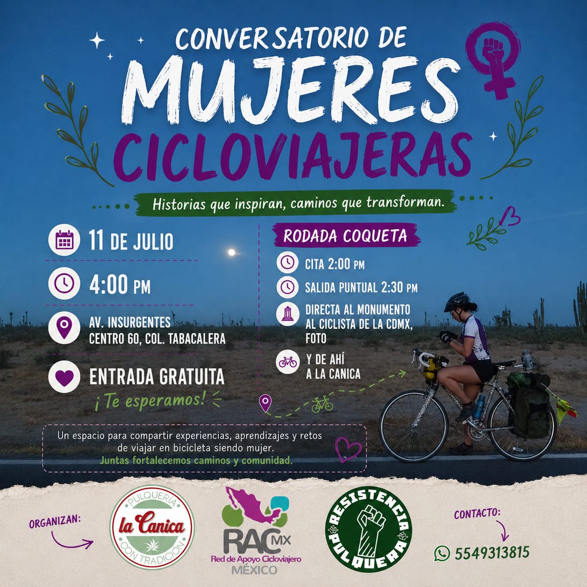 cicloviajemx's tweet photo. ¡Ya llegó el Conversatorio de Mujeres #Cicloviajeras 2026! 💜🚲🇲🇽
¡Acompáñanos este sábado a compartir experiencias cicloviajeras, tips, rutas, fotos y demás en la compañía de un pulquito deli de nuestros amigos La Canica. ¡Ahí nos vemos! https://t.co/SRTbo3Ks8a