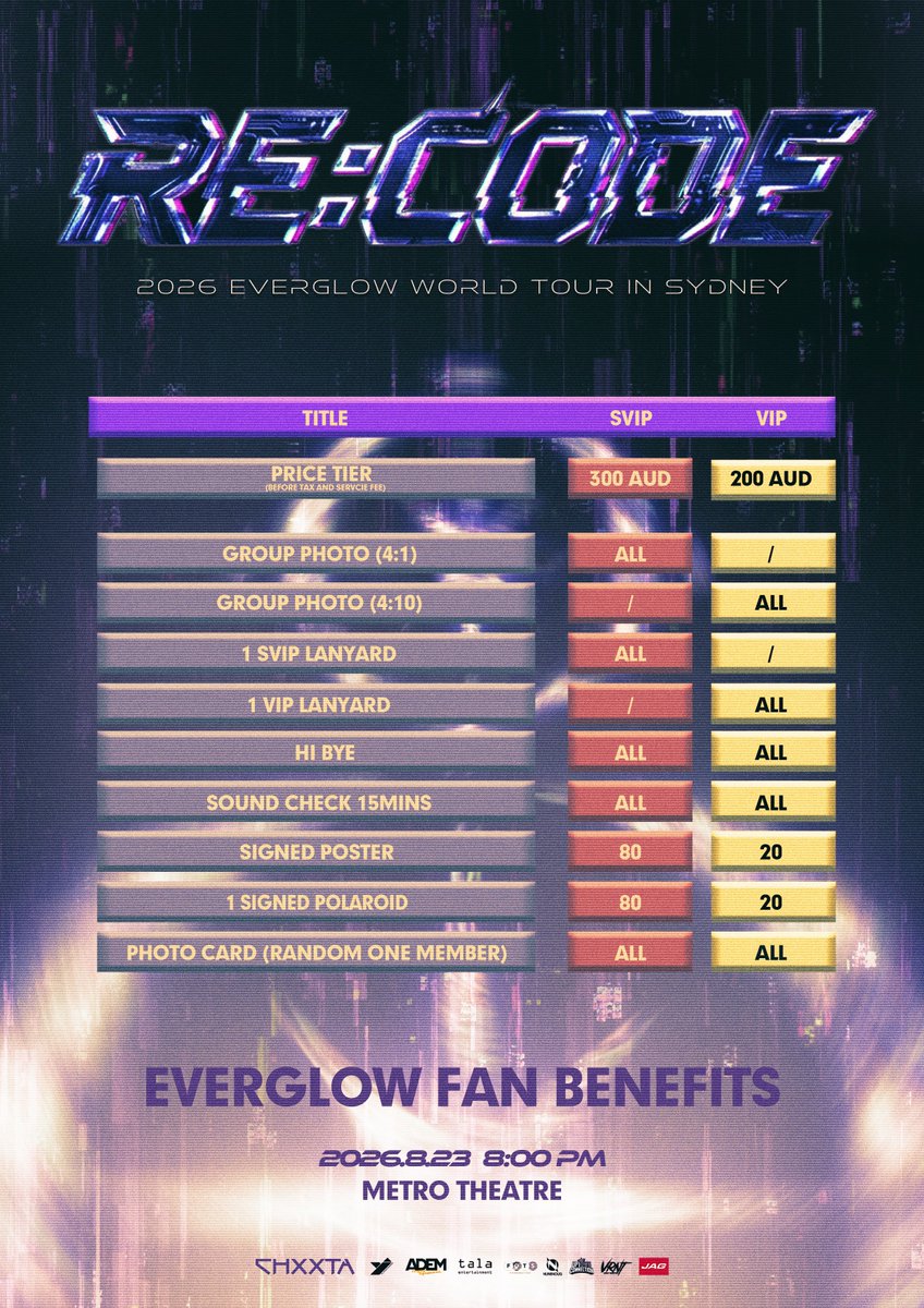 YJPARTNERS's tweet photo. 🇦🇺 AUSTRALIAN FOREVERs, GET READY! 🇦🇺

Powerhouse K-pop girl group EVERGLOW is bringing their electric energy and unmatched stage presence down under for the RE:CODE 2026 EVERGLOW WORLD TOUR IN SYDNEY!

Metro Theatre, Sydney
Sunday, August 23, 2026

Tickets go on sale starting Thursday, July 9 via Ticketek

𝟮𝟬𝟮𝟲 𝙀𝙑𝙀𝙍𝙂𝙇𝙊𝙒 𝙒𝙊𝙍𝙇𝘿 𝙏𝙊𝙐𝙍 [𝙍𝙀:𝘾𝙊𝘿𝙀] IN SYDNEY

- Ticket Prices:
* SVIP – $300
* VIP – $200
* GA – $140 (Prices subject to booking/ticketing fees)

Presented by: Numinous Philippines, Variant Productions, Tala Entertainment, FOTS Production, and Uptown Connection

In partnership with: CHXXTA, YJ PARTNERS and ADEM and JAG Philippines

#EVERGLOW #에버글로우 #RE_CODE #SYDNEY #YJPARTNERS #ADEM #TalaEntertainment
#JagJeans #Numinous
#VRNT #Uptown #FOTS