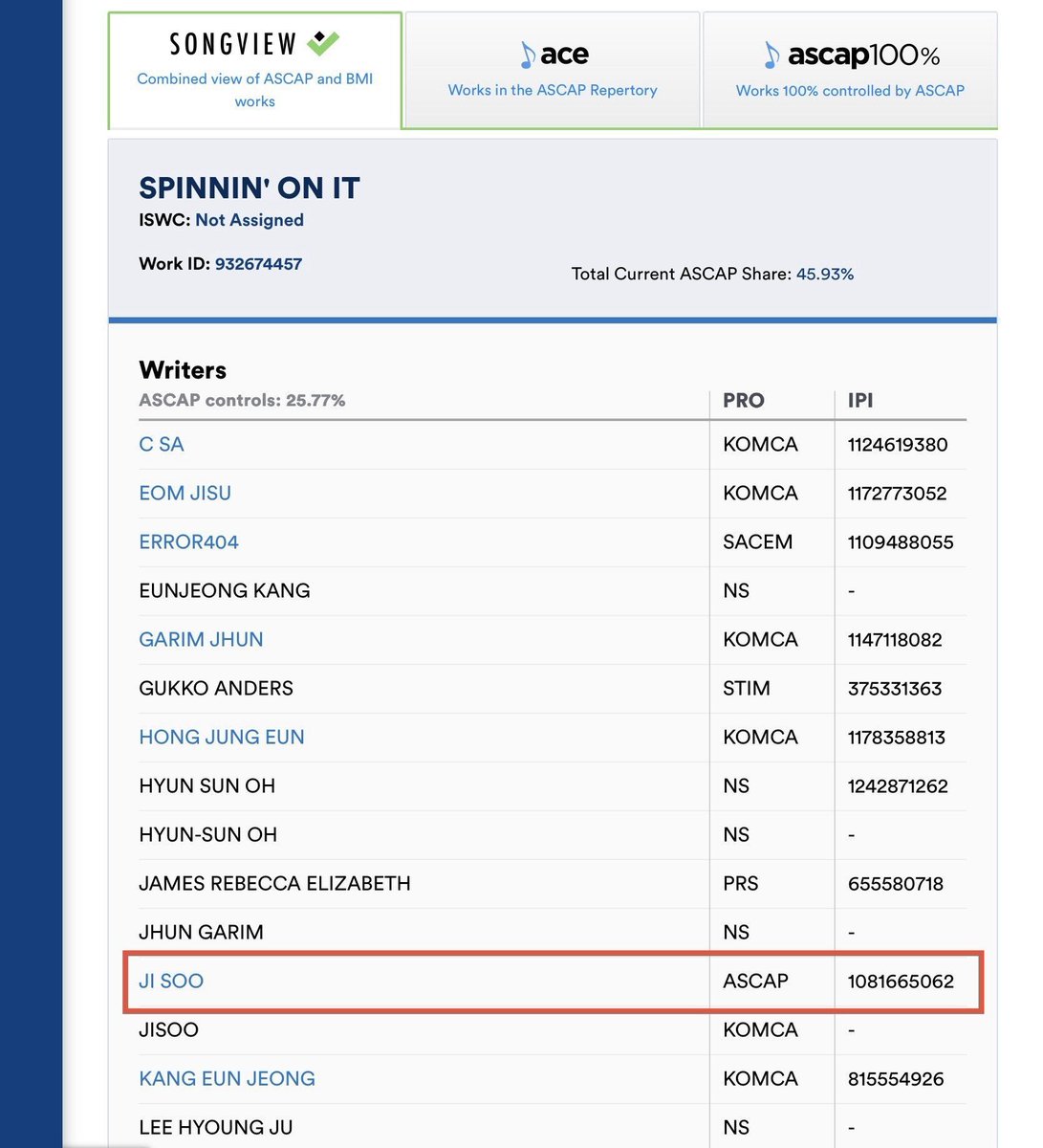 BLACKPINKSCRAVE's tweet photo. #JISOO’s songwriting credits are currently being updated from KOMCA to ASCAP, as reflected on NMIXX’s “Spinnin’ On It,” where she is officially credited as a composer. https://t.co/fumiU2xZ9n