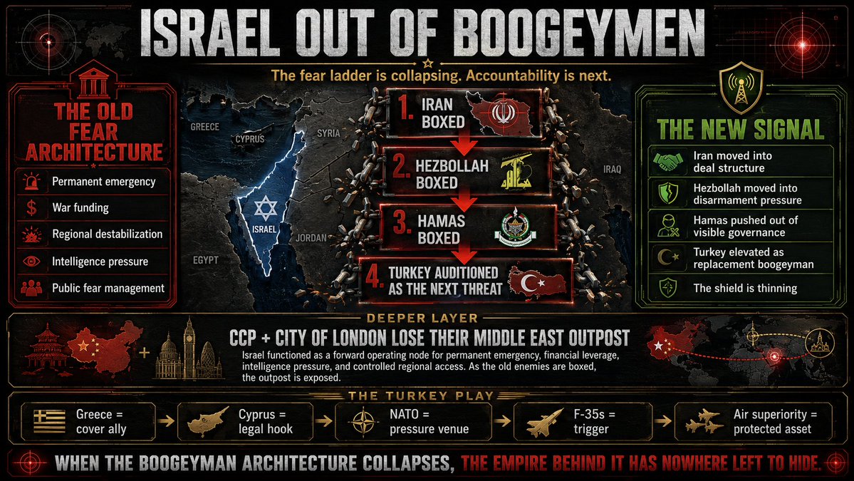 holonabove's tweet photo. Israel is out of boogeymen... Iran has been boxed in... Hezbollah has been tied into a deal... Hamas is being stripped out of the visible governing layer in Gaza...

The old fear ladder is collapsing in sequence, that is why Netanyahu is reaching for Turkey...

Greece becomes the cover ally, Cyprus becomes the legal hook, NATO becomes the pressure venue, and F-35s become the trigger...

Israeli air superiority remains the protected asset underneath the whole move... why...

This is the same war script scrambling for a new monster, the deeper signal is larger than Israel alone...

The CCP and City of London just lost their Middle East outpost... for decades, Israel functioned as the forward operating node for permanent emergency, financial leverage, intelligence pressure, regional destabilization and controlled access into the heart of the Middle East...

That architecture is being dismantled... Iran is being moved into deal structure, Hezbollah is being moved into disarmament structure, Hamas is being moved out of governance structure, and Israel’s political class is being moved out from behind the boogeyman shield...

So Turkey gets auditioned as the next existential threat because the old system needs another enemy before accountability reaches the room...

That is the whole pattern...

Once the boogeyman architecture is gone, the outpost is exposed... and once the outpost is exposed, the empire behind it has nowhere left to hide...