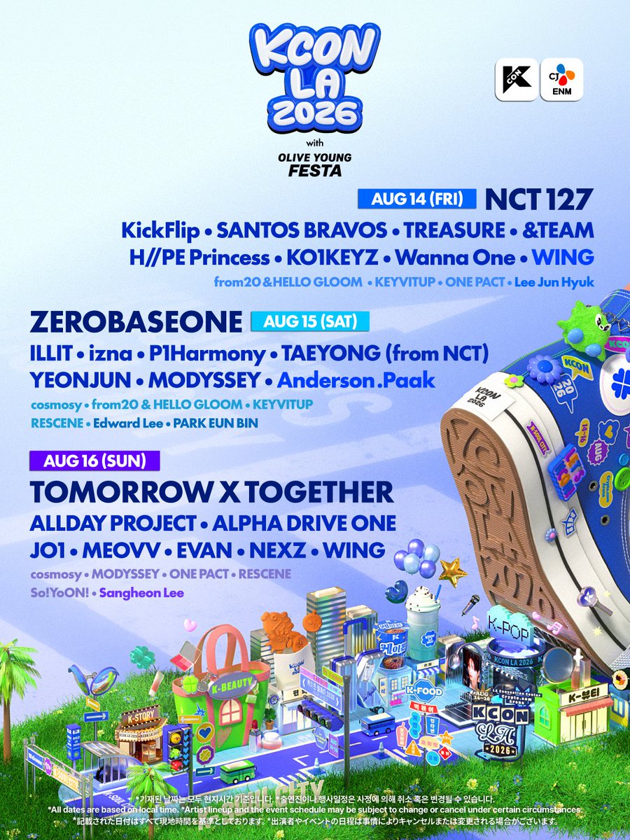 kconusa's tweet photo. [#KCONLA2026] FULL LINEUP 

Meet the FULL LINEUP and get ready for stages you’ll Never-Forget!

*All dates are based on local time.
*Artist lineup and the event schedule may be subject to change or cancel under certain circumstances.

𝐆𝐄𝐓 𝐘𝐎𝐔𝐑 𝐓𝐈𝐂𝐊𝐄𝐓 𝐍𝐎𝐖!
🎟️ https://t.co/ANYHzUuKb5 

🔗Ticket Info 
https://t.co/iJRABamsFz

-
KCON LA 2026
AUG 14-16
https://t.co/0wcVXgZVPl Arena, LA Convention Center

Let’s #KCON