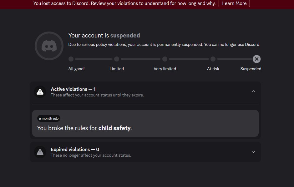D1rtyLewis's tweet photo. @discord_support yeah my account was falsely banned on june 11th, ive tried multiple times to appeal and they have ignored me and not unbanned me. Upon reviewing the notice it provided no evidence to why I was banned and just says "child safety". Ive had this account since 2017 and lost all of it https://t.co/FX8qVR1tnk