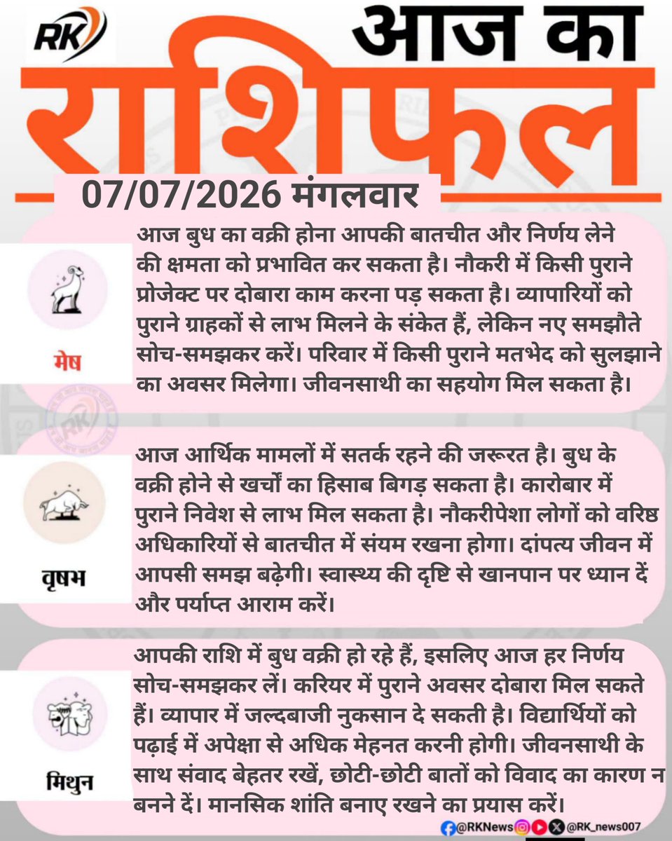 RK_News007's tweet photo. सुप्रभात, #Ram 🙏 राम जानिए आज तारीख 07/July/2026 में आपकी #Rashi क्या कहती है अगर आपको हमारी पोस्ट अच्छी लगती है तो पेज को #LikeFollowShare करें #rashifal #Rk_news #trending #viral #post
#HappyBirthdayDhoni https://t.co/WBT6sDZeou
