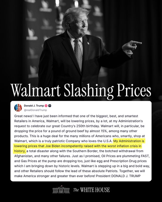Chloevhh6u's tweet photo. Great news! I have just been informed that one of the biggest, best, and smartest Retailers in America, Walmart, will be lowering prices, by a lot... Together, we will make America stronger and greater than ever before!" - President Donald J. Trump 🇺🇸 https://t.co/cJkLgorQJZ