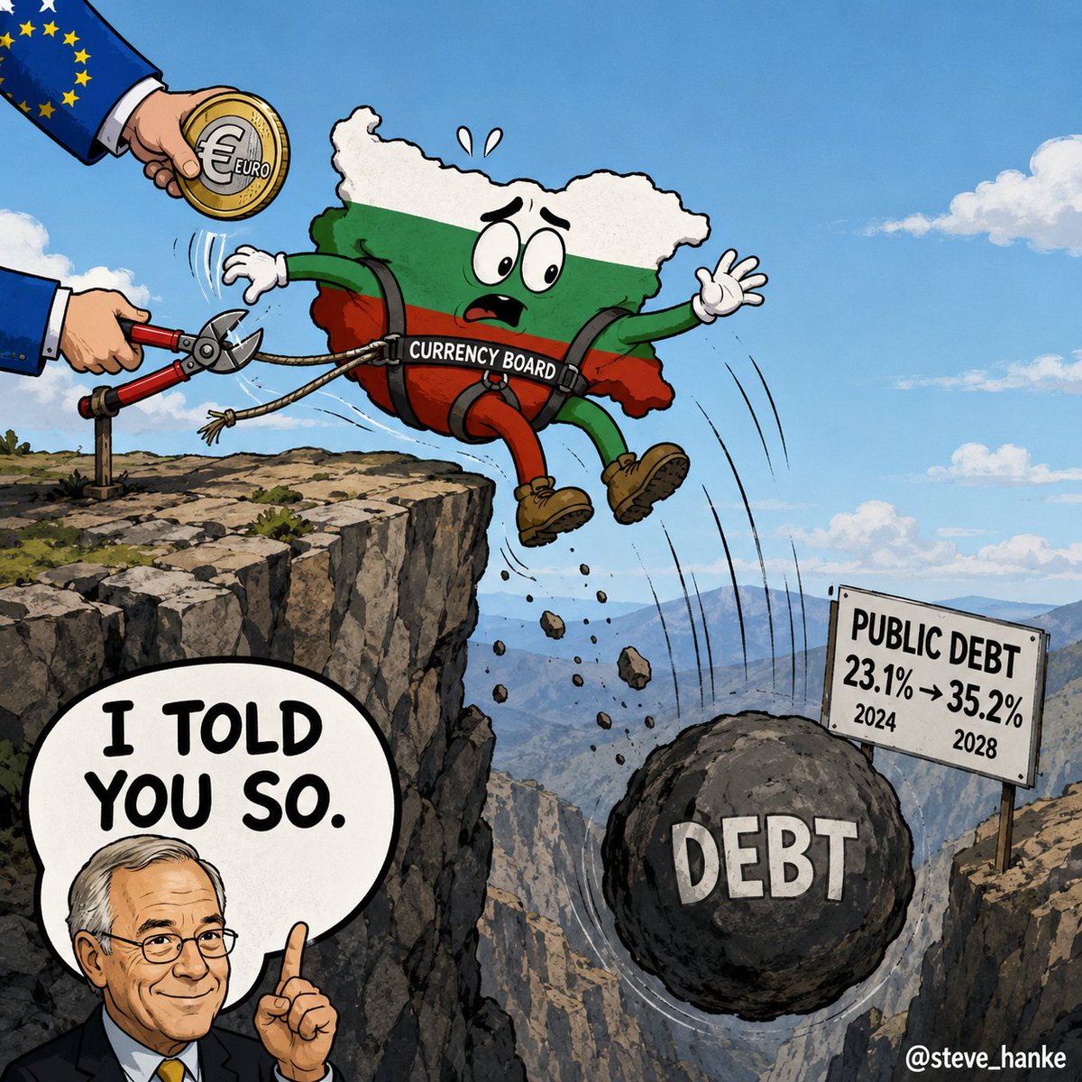 steve_hanke's tweet photo. #BulgariaWatch🇧🇬: In January, Bulgaria scrapped its currency board and lev and adopted the euro.

Now, Bulgaria's public debt is projected to DOUBLE in JUST FOUR YEARS.

JUST AS I PREDICTED IT WOULD BE, BULGARIA'S SWITCH FROM THE LEV TO THE EURO WAS A BIG MISTAKE. https://t.co/sbXEoTWUyO