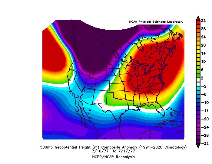BigJoeBastardi's tweet photo. Sick of the heat dome hype. Tell you what: I will give you one when CO2 was way lower. You want a Heat Dome; I'll give you one: NYC hit 90 9 days in a row, with 3 days at 100 or better, peaking at 104 in  July 1977. I'll even use your same stupid color scheme that turns what has happened dozens of times into the kind of thing the meteo media puts out. Disgusting. They have taken what I have loved all my life and dragged it into the sewer of politics, with climate pimps that make tons of money off it