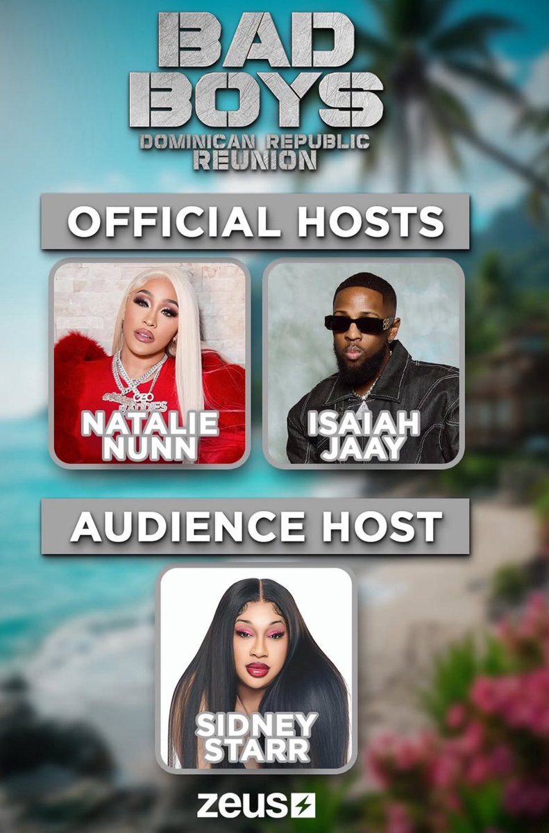 BaddiesReality's tweet photo. 'Bad Boys Dominican Republic' Reunion Host Are Natalie Nunn &amp; Isaiah Jaay 

Sidney Starr Will Be Audience Host #BadBoys https://t.co/5JyGGQLPkb