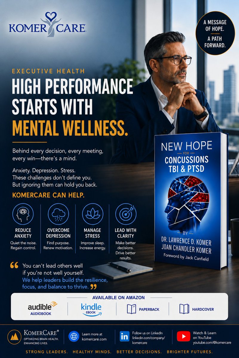 CDNExecCoach's tweet photo. Leaders can suffer from the effects of old injuries like concussions. It can hinder your career. Learn more in the book New Hope for Concussions TBI and PTSD by Dr. Larry Komer https://t.co/g2TKM67onB https://t.co/RV939lTkWq