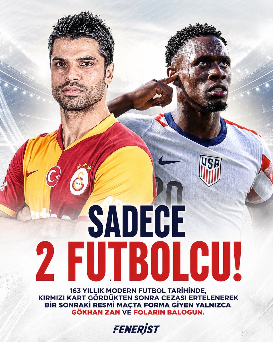 Feneristcom's tweet photo. 163 yıllık modern futbol tarihinde, kırmızı kart gördükten sonra cezası ertelenerek bir sonraki resmi maçta forma giyen yalnızca iki futbolcu bulunuyor: Galatasaraylı Gökhan Zan ve ABD Milli Takımı oyuncusu Folarin Balogun. https://t.co/MLXTX8hujk