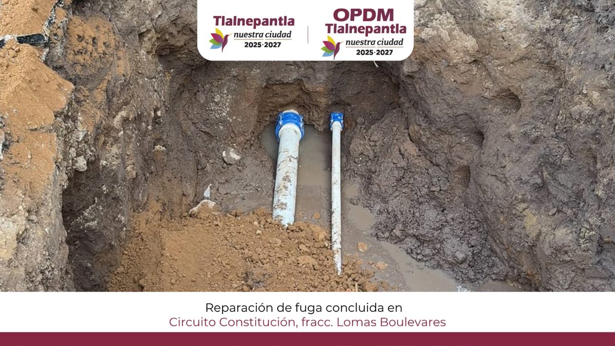 OPDM_Tlalne's tweet photo. Reparación de fuga concluida. 

El suministro de agua potable comenzará a restablecerse de manera gradual en las colonias y fraccionamientos afectados. 

Agradecemos la comprensión de las y los vecinos durante el desarrollo de estos trabajos. https://t.co/fX3kdiBgLs